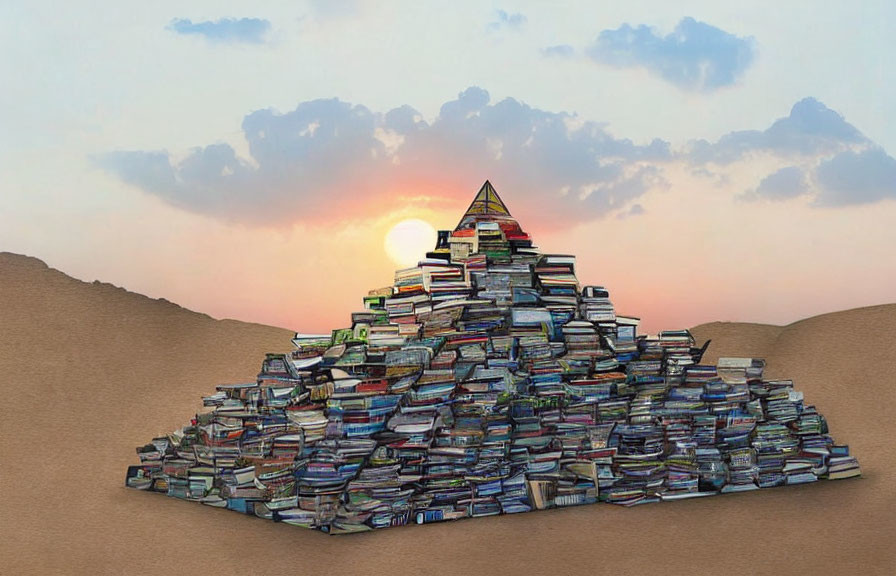 Stacked Books Pyramid with Glowing Triangle in Desert Sunset