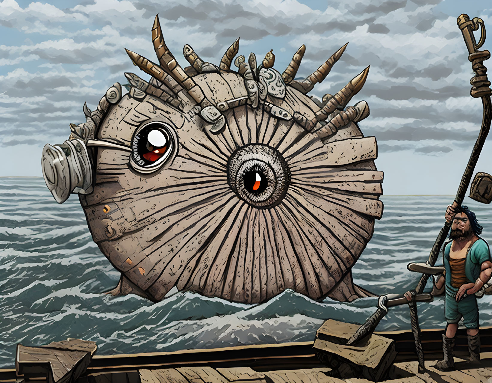 Bearded sailor on wooden dock gazes at monstrous fish with single eye and sharp horns