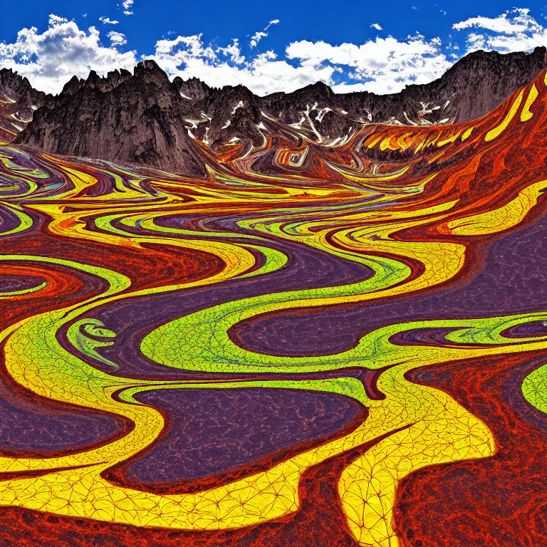 Digitally-altered landscape with swirling multicolored patterns and rugged mountains