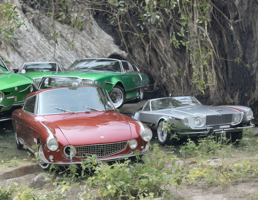 Assorted classic cars parked outdoors on rocky terrain.