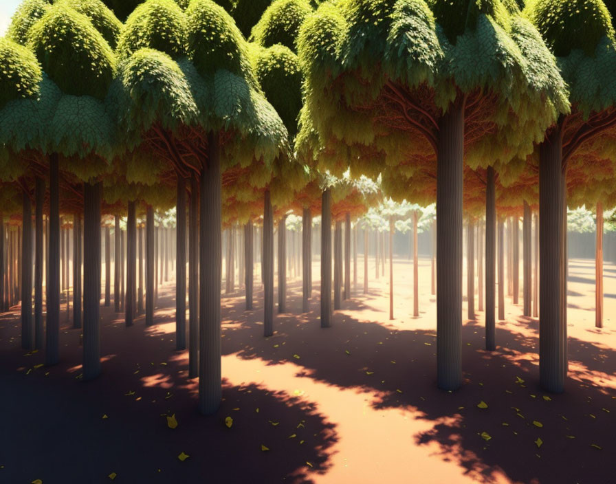 Tranquil forest scene with tall trees and glowing light