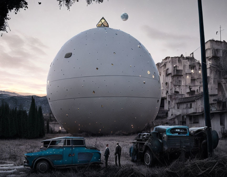 Abandoned urban sphere with porthole windows at dusk