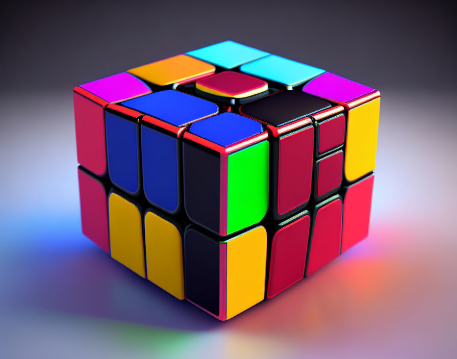 Colorful unsolved Rubik's Cube on reflective surface with gradient background.