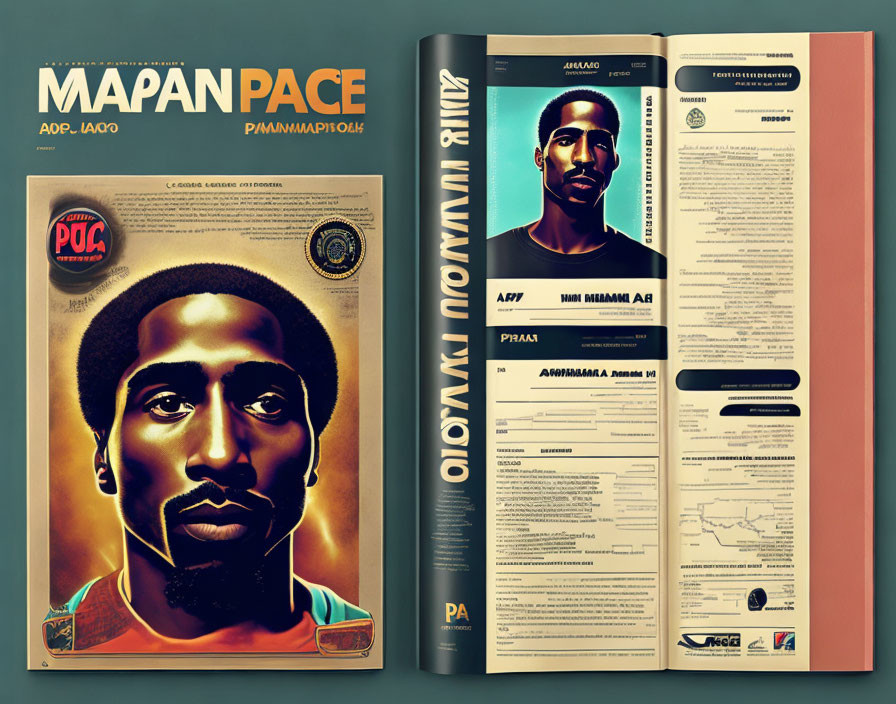 Vintage magazine with stylized portrait and text content on wooden surface