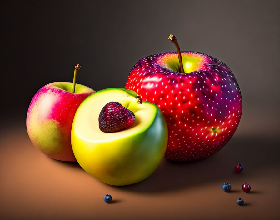 Colorful Galaxy-Themed Apples and Strawberry Heart Slice with Blueberries