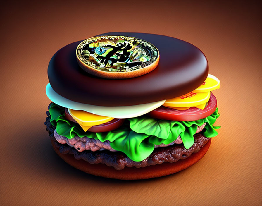 Stylized hamburger digital illustration with dragon coin emblem