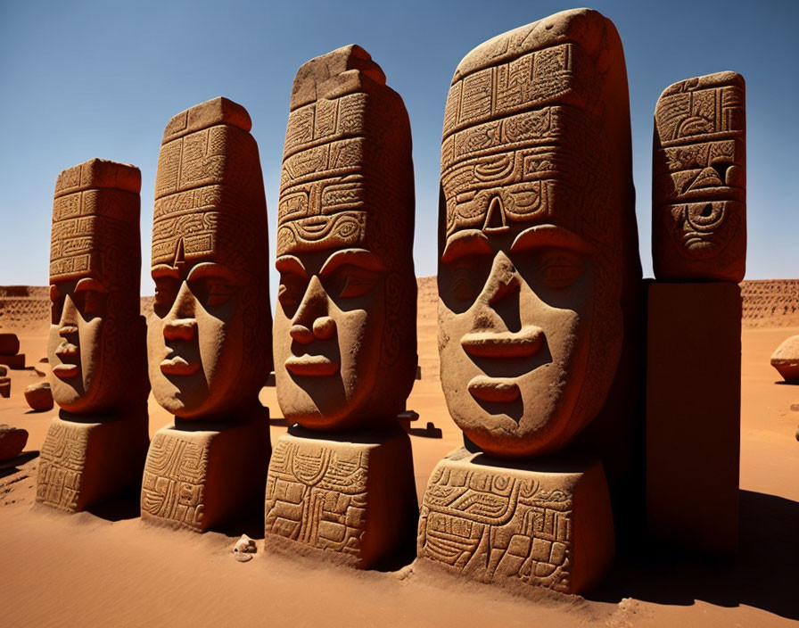 Row of Large Stone Head Sculptures with Intricate Carvings in Desert Landscape