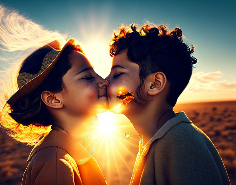 Children touching noses in sunset-lit field casting heart-shaped shadow.