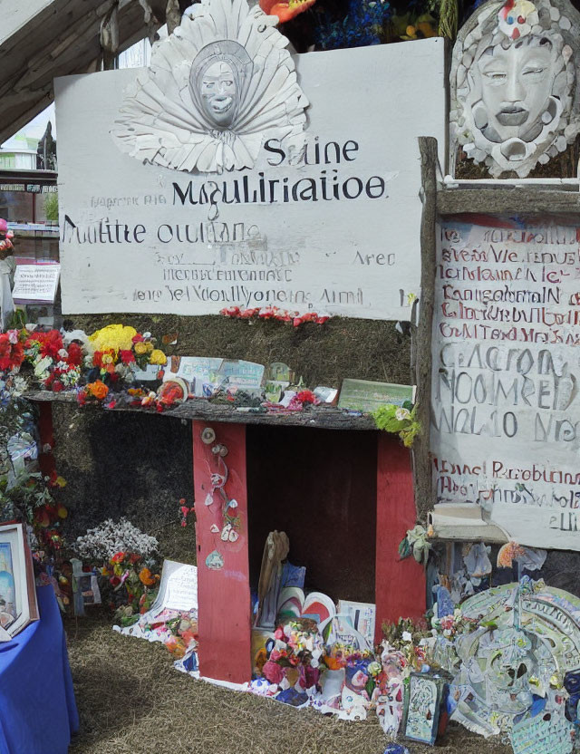 Makeshift Shrine with Multilingual Signs and Sun Symbols