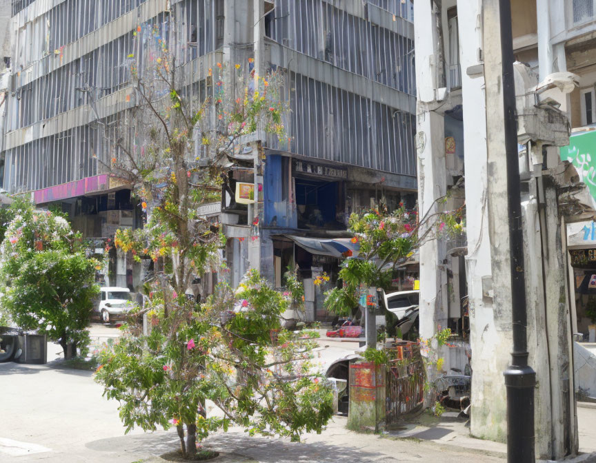 City street scene with flowering trees, graffiti, and bus columns.