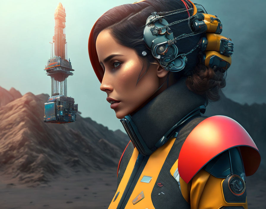 Female astronaut with futuristic helmet gear in desert landscape with space elevator