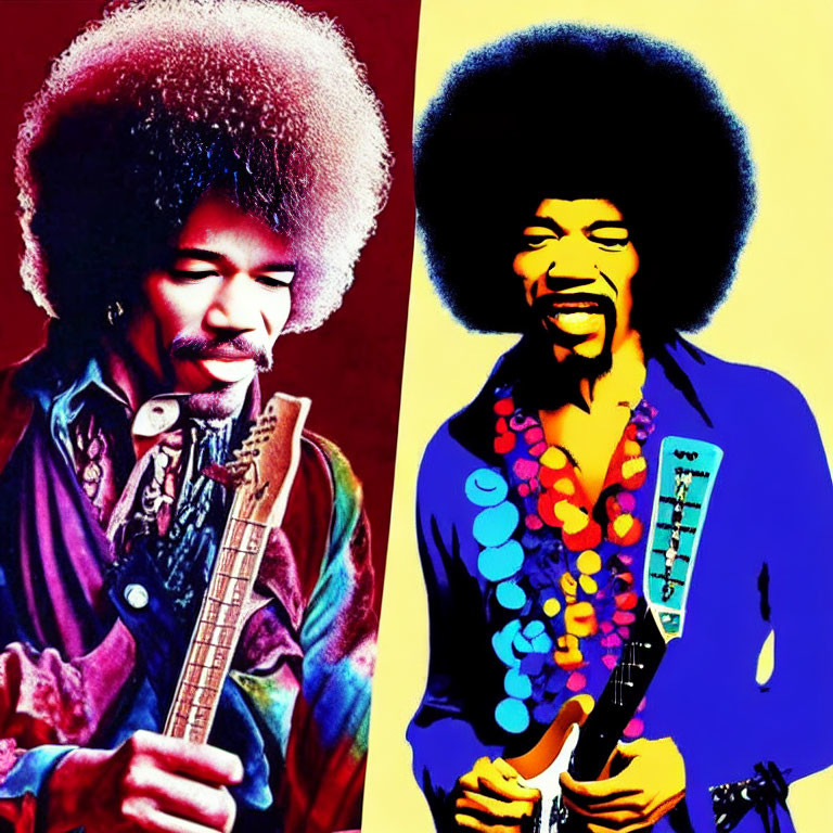 Split Image of Man with Afro Playing Guitar in Stylized Colors