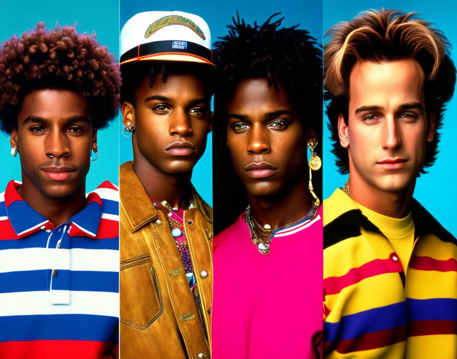 Four men in colorful fashion with different hairstyles against vibrant blue backgrounds