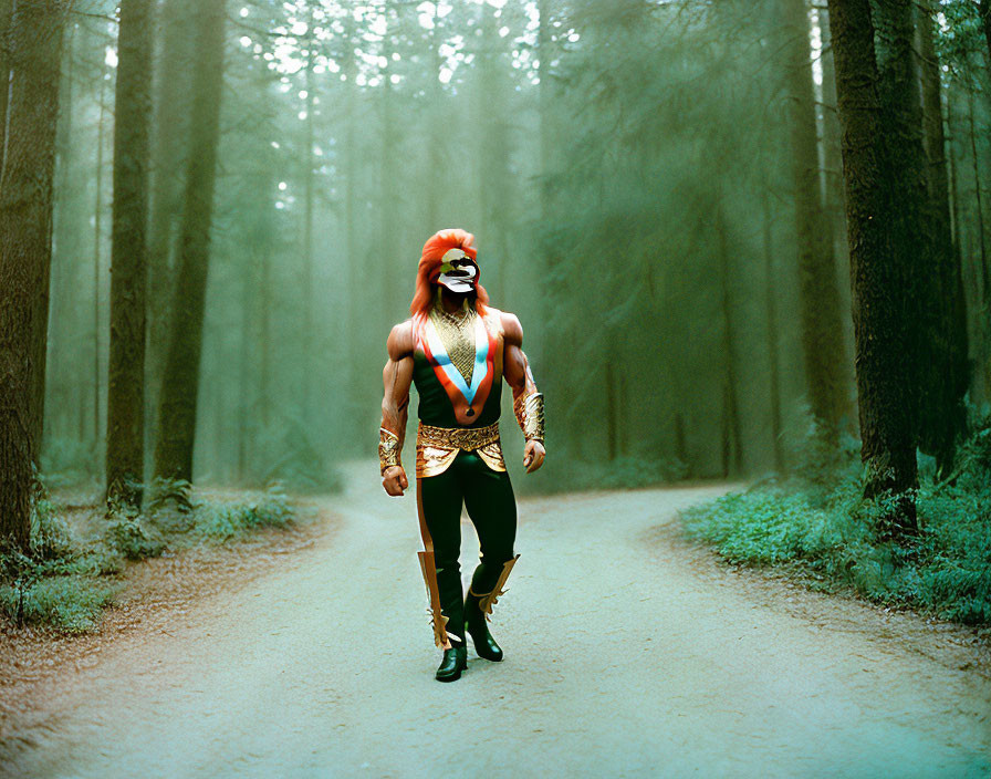 Colorful tribal attire person with mask in misty forest path