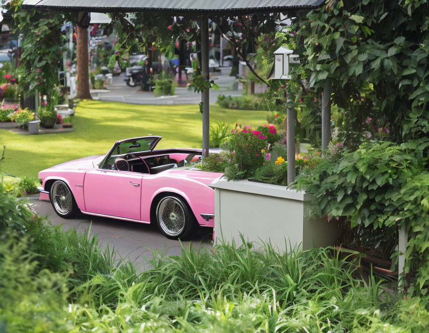 Pink vintage convertible car in lush garden with flowering plants.