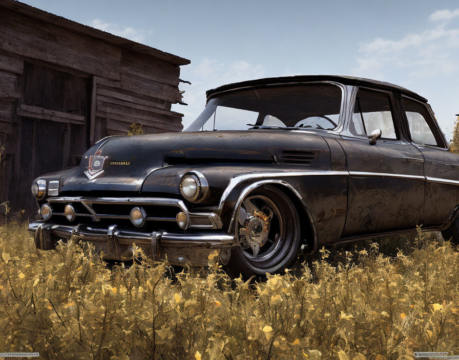 Vintage Black Car with Chrome Detailing Parked by Wooden Shack in Field of Yellow Wildflowers and Cloud