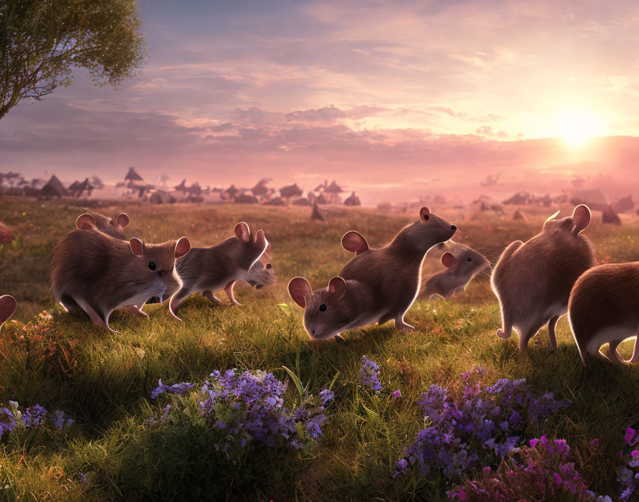 Animated mice play in meadow with purple flowers and cottages at sunrise