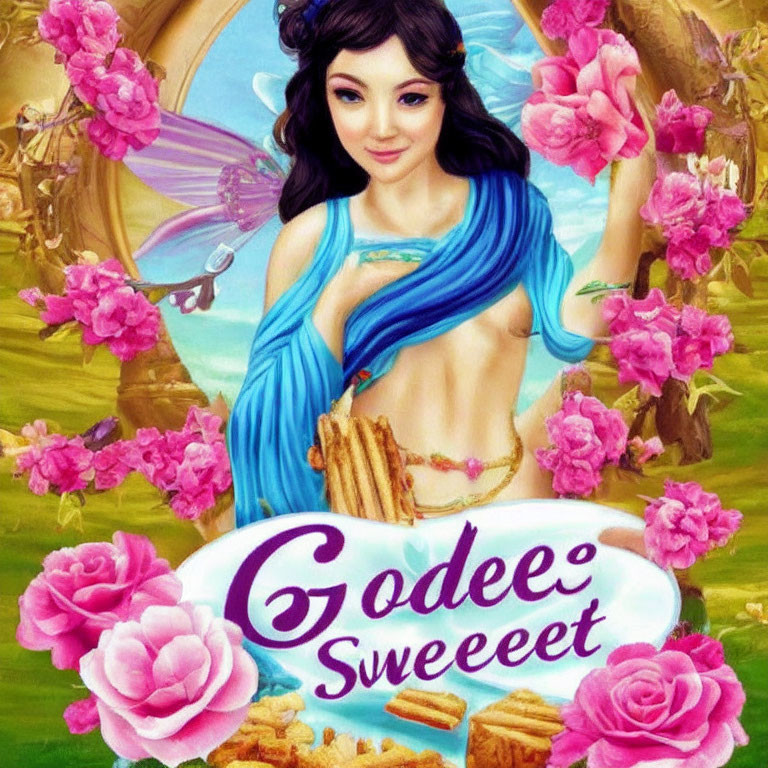 Smiling fairy in blue sari with pink floral background and text "Godeee Sweeeet