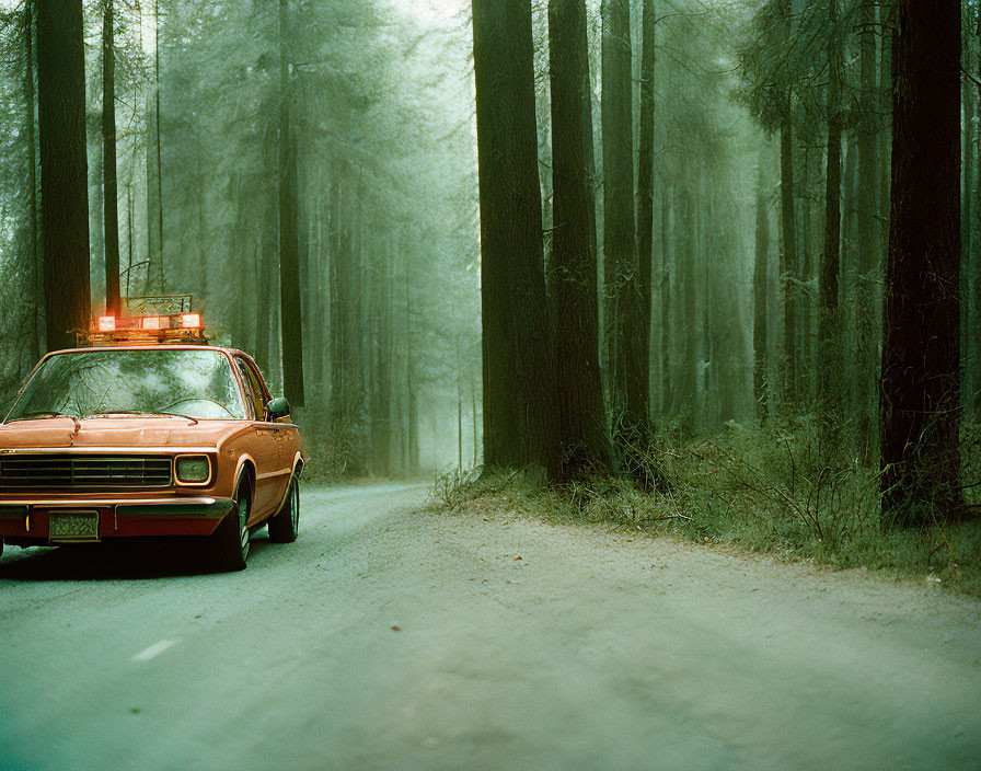 Vintage Red Sedan with Roof Lights Parked in Foggy Forest