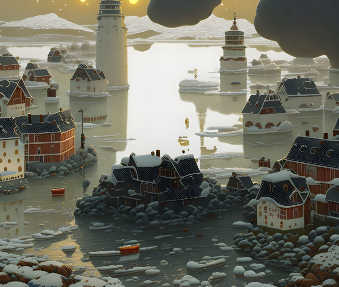 Snowy coastal village with traditional houses, lighthouses, boats, mountains, and sunset