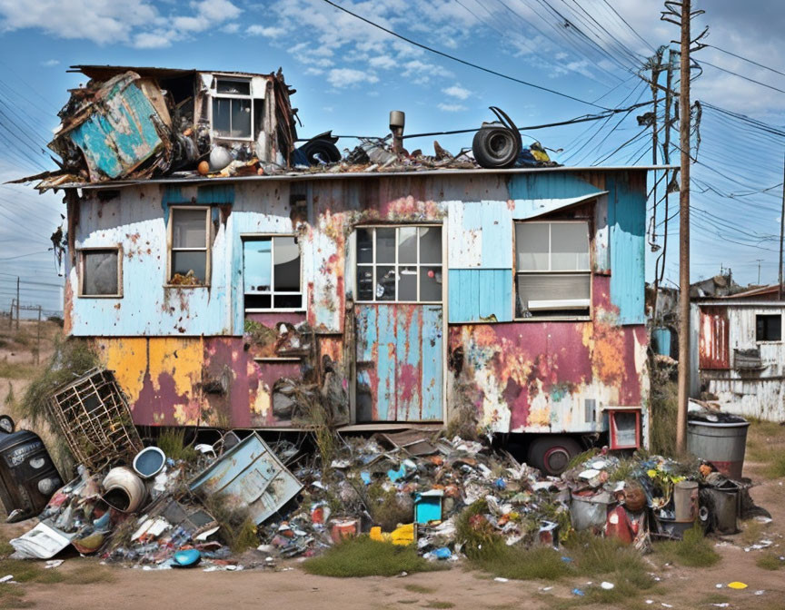 Abandoned two-story building with peeling paint and debris under cloudy sky