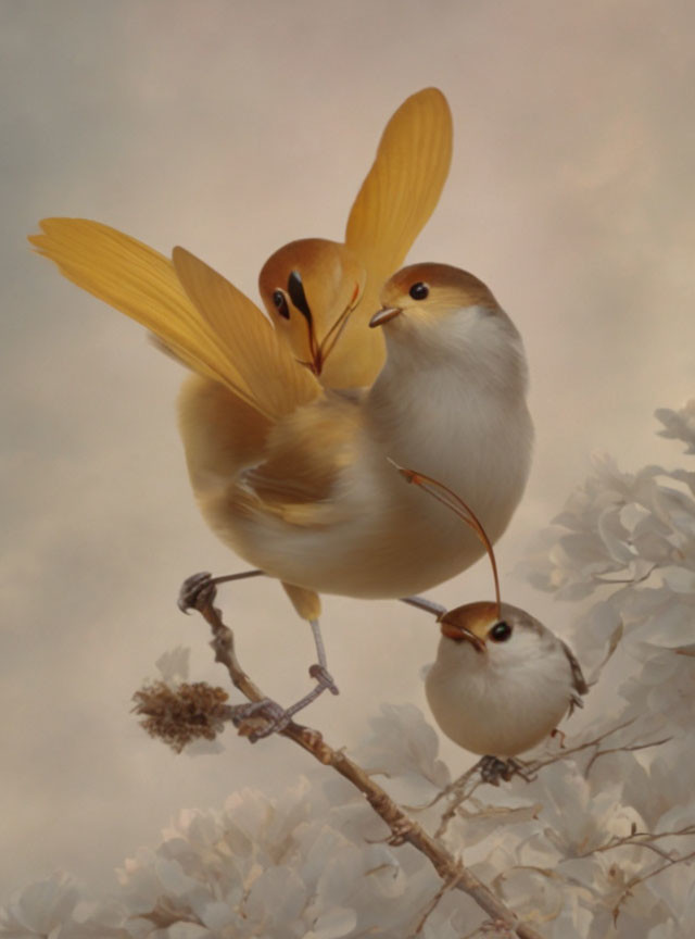 Birds and flower petals art on branch against warm background