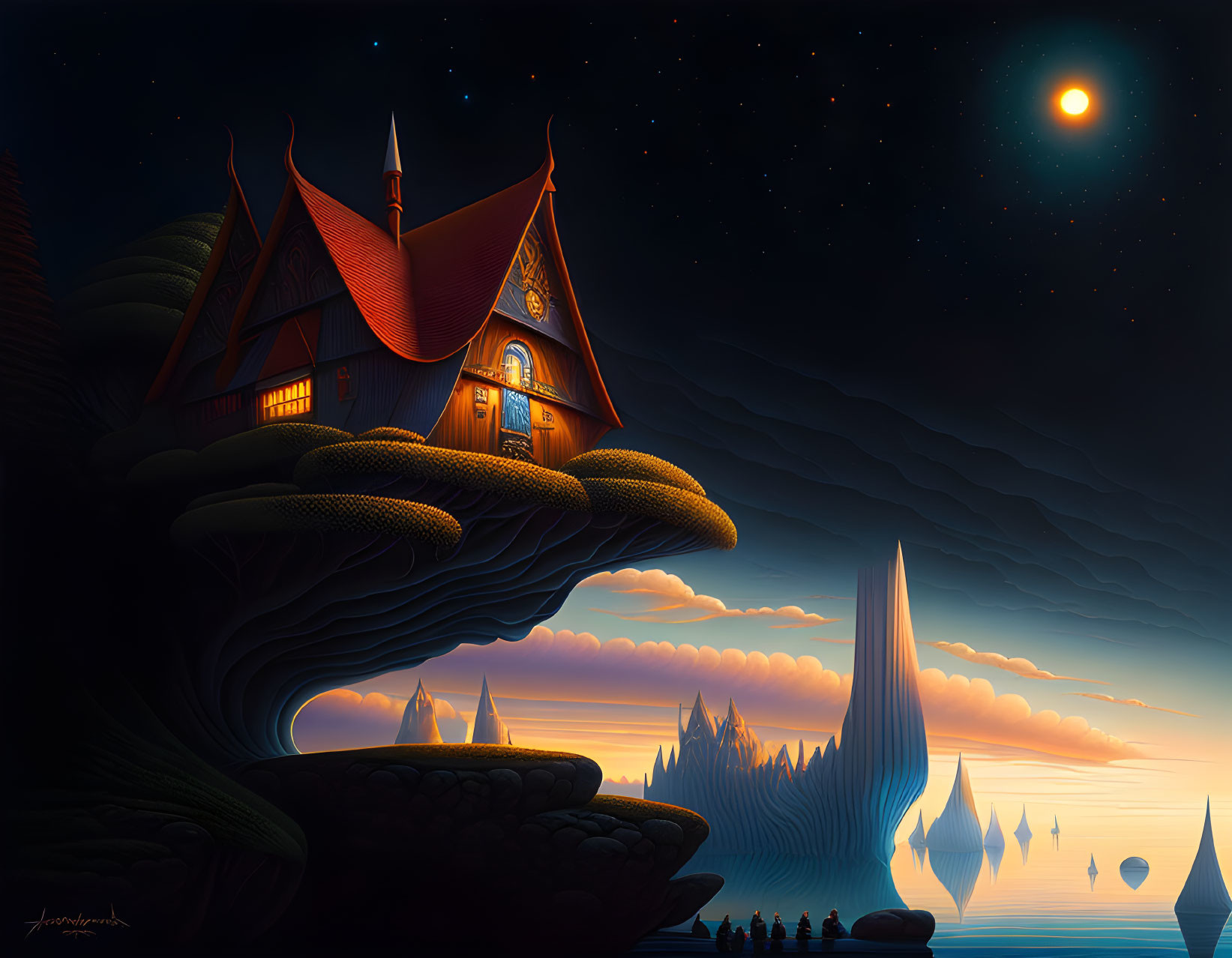 Fantasy night scene: cozy house on giant mushroom under starry sky