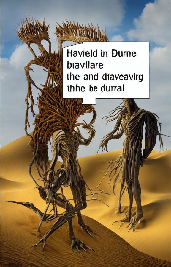 Surreal desert scene with twisted tree-like figures and speech bubble