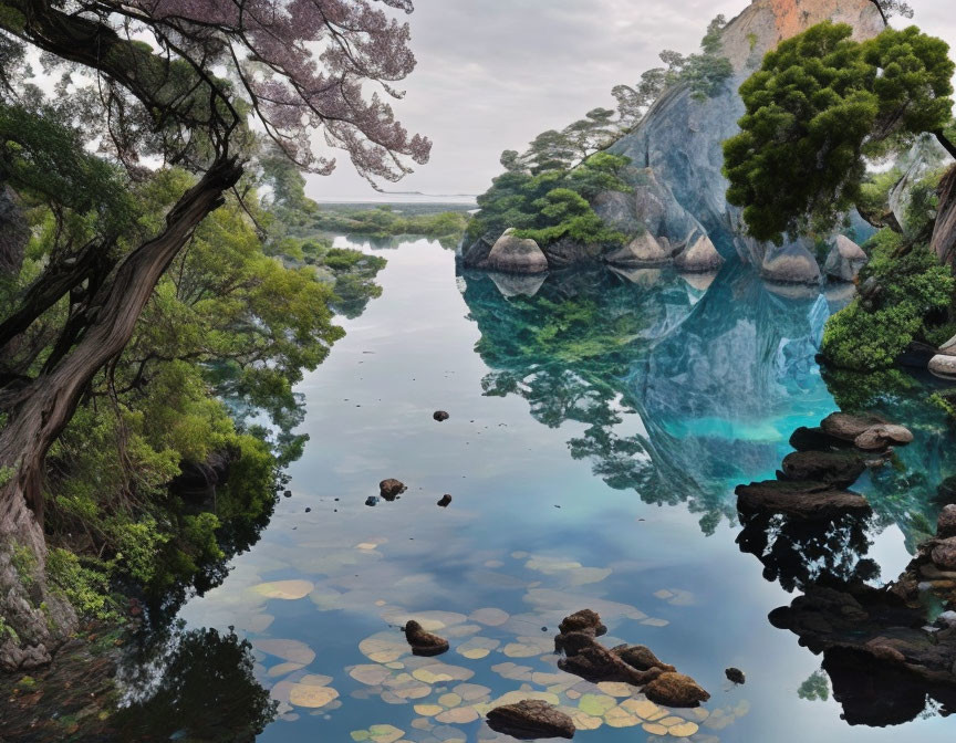 Tranquil Lake Reflecting Lush Greenery and Rock Formations