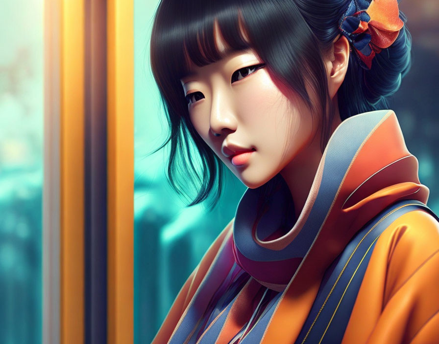 Digital artwork of a woman in orange jacket with hairclip gazing out window