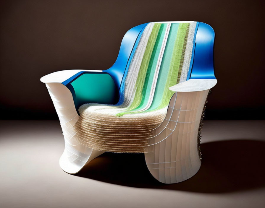 Layered Multi-Colored Backrest Designer Chair on Wavy Wooden Base