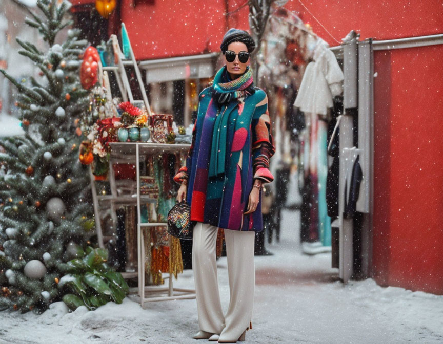 Person in Winter Attire by Christmas Stall in Snowy Scene