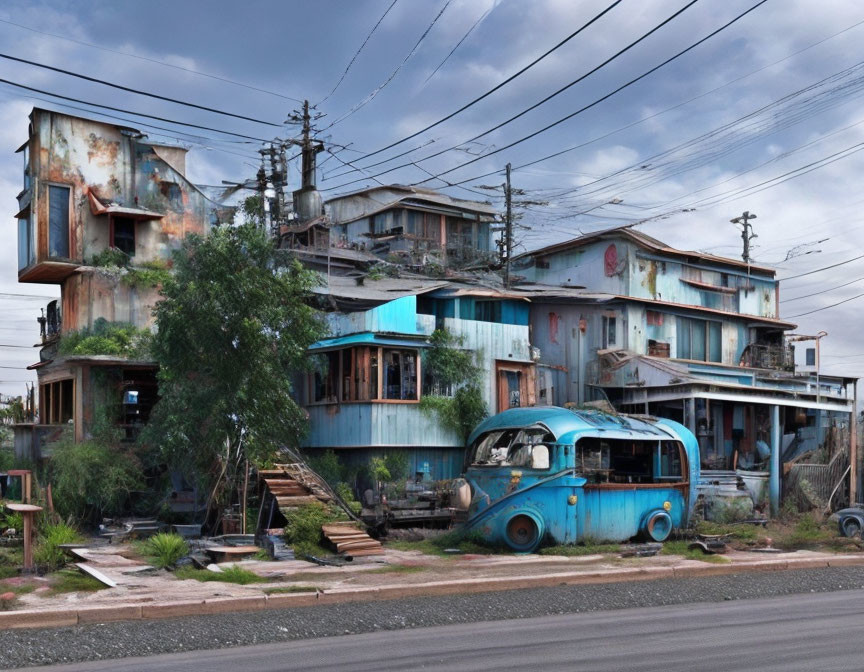 Abandoned multi-story building and weathered bus in decay