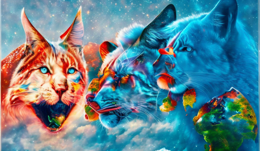 Cosmic cats digital artwork with stars and galaxies on fur