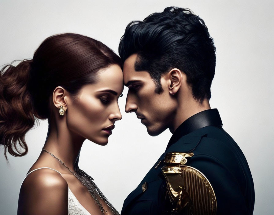 Man and woman in formal attire with elegant hairstyles pose intimately