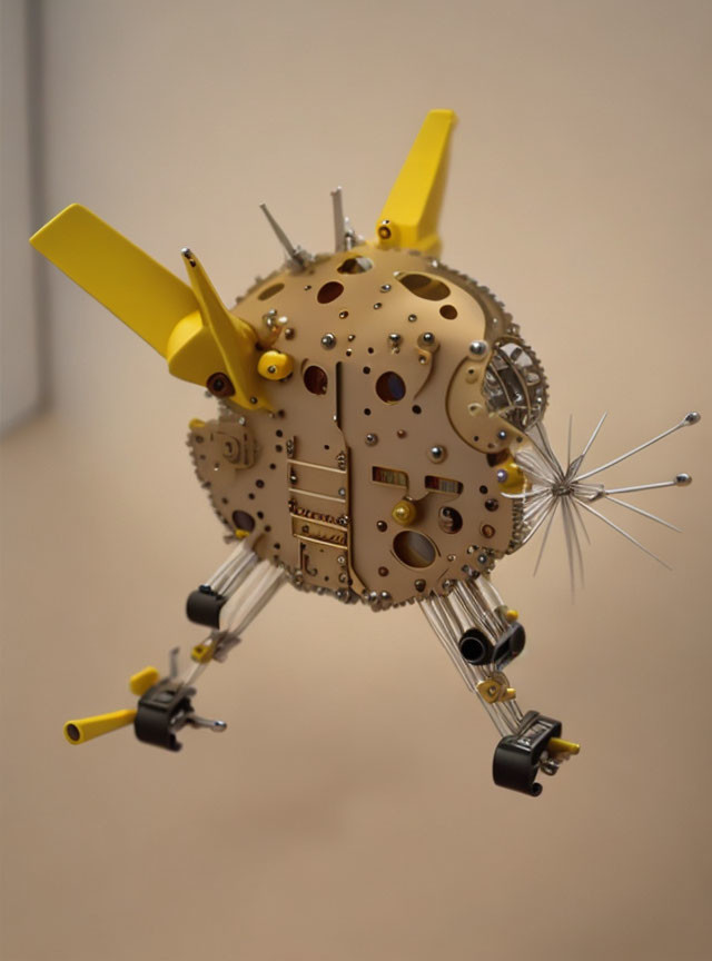 Metallic fish sculpture with gears, bolts, yellow fins, and wire whiskers