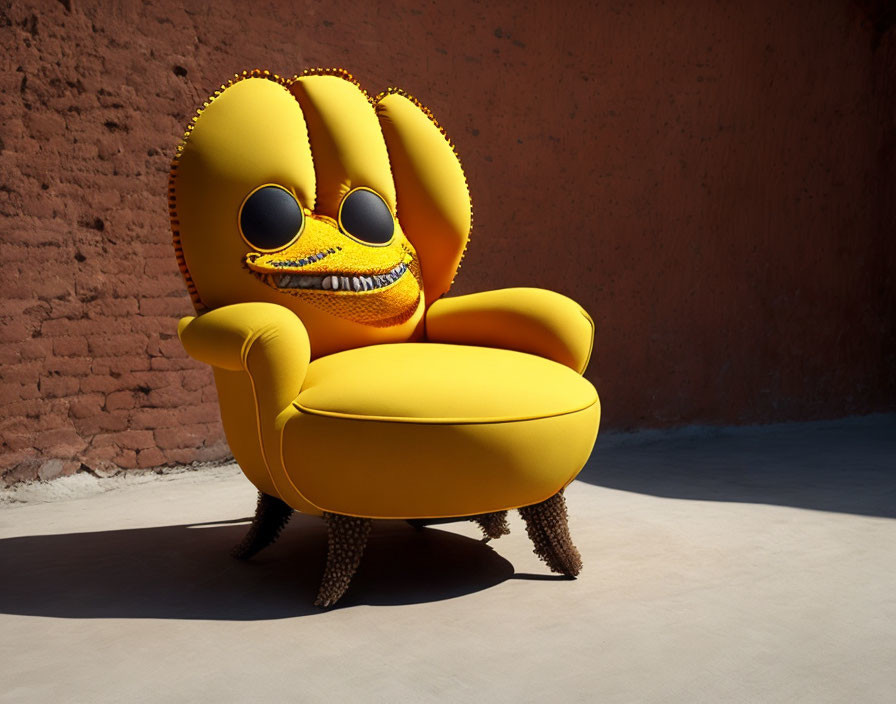 Yellow armchair with eyes and zipper mouth against red wall