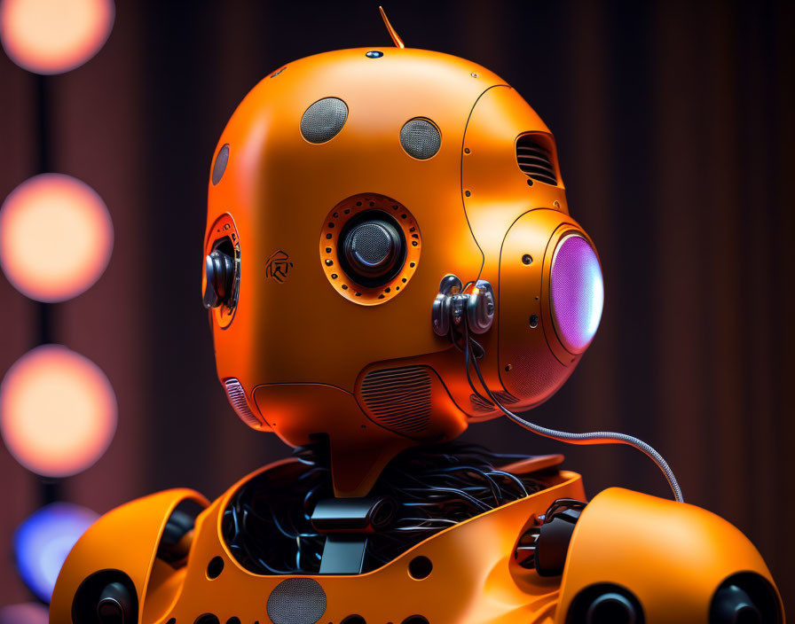 Orange humanoid robot with spherical head and visible wires on blurred bokeh background