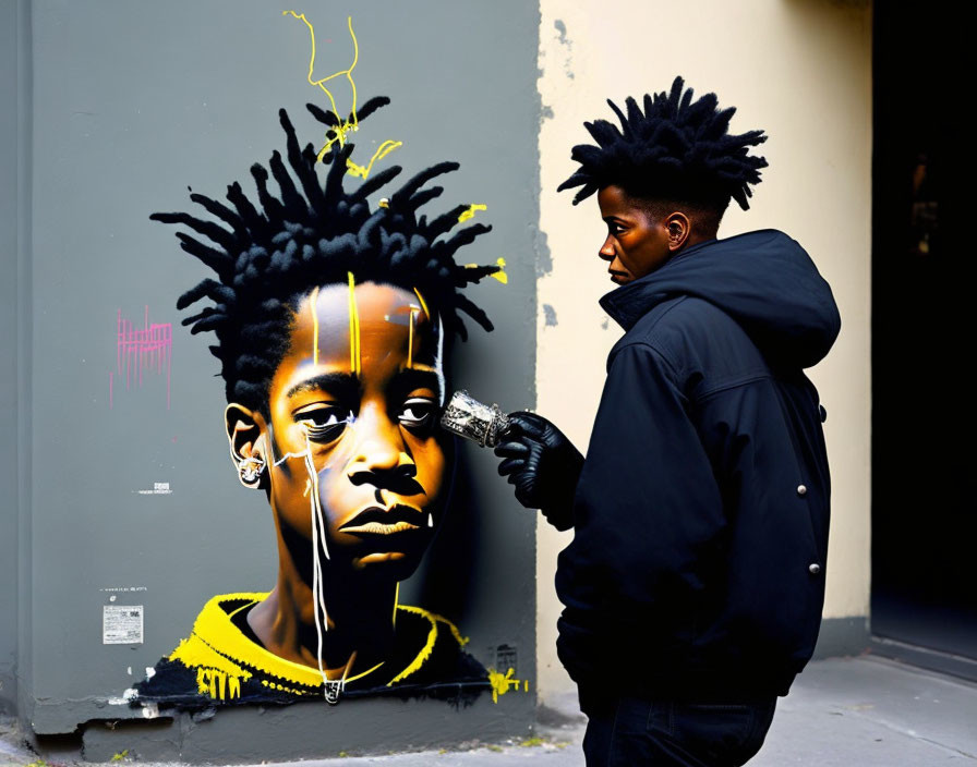 Person blending with vibrant wall mural in attire and hairstyle.