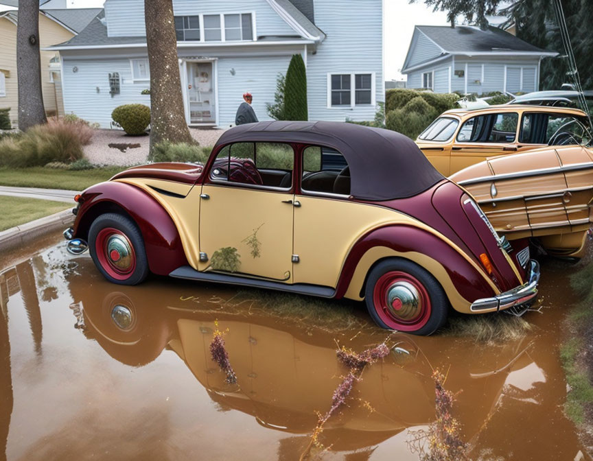 Classic two-toned soft-top car next to water puddle, with vintage station wagon and house in