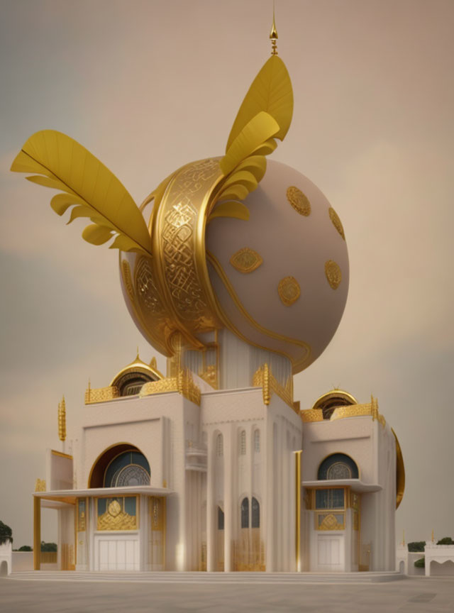 Golden ornate building with spherical structure and feather-like elements under pale sky