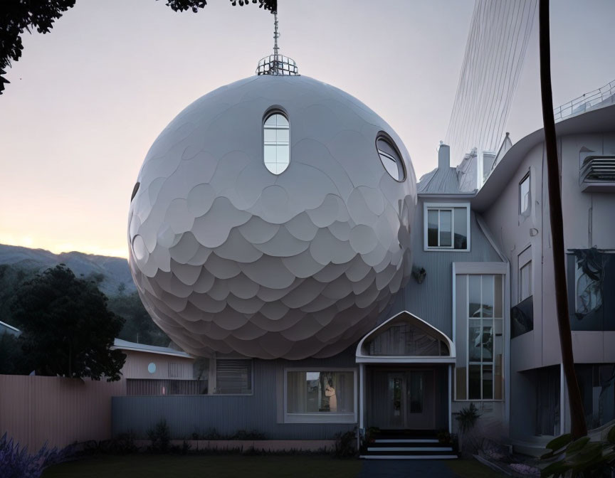 Spherical house with textured surface among traditional homes at dusk