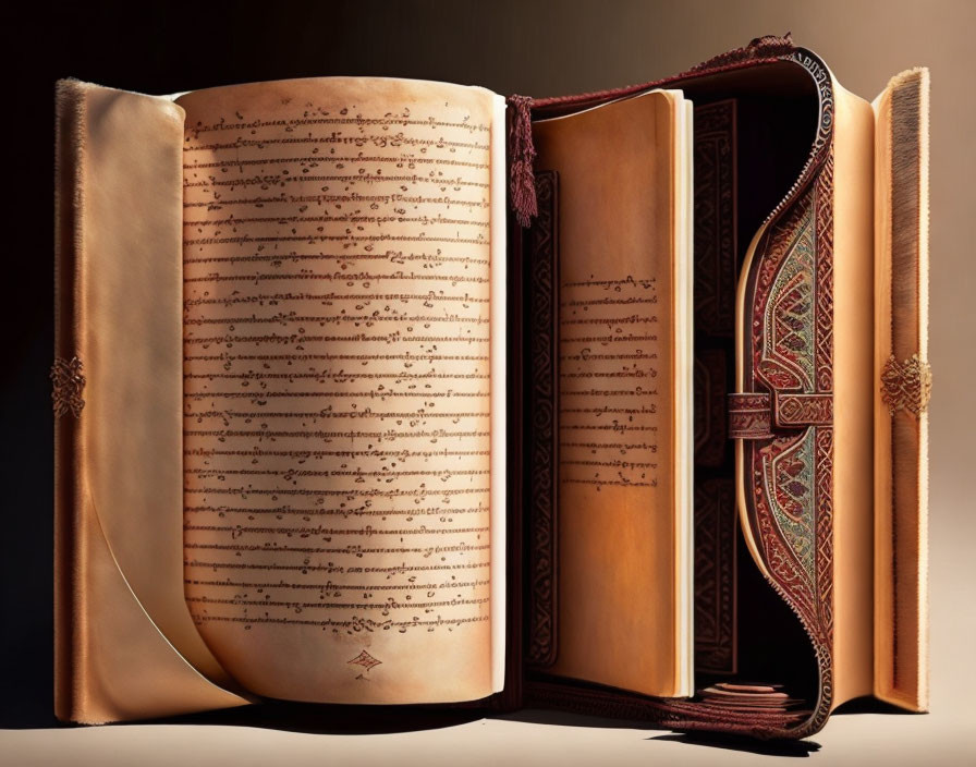 Ancient Manuscript with Intricate Script and Ornate Books