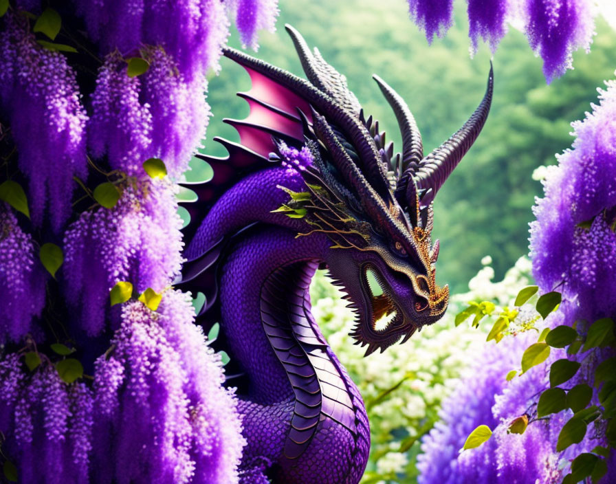 Purple Dragon with Black Spikes in Lush Wisteria Forest