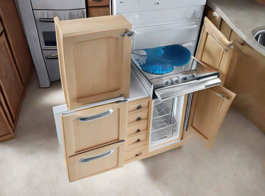 Corner Kitchen Cabinet with Pull-Out Drawers Revealing Integrated Dishwasher