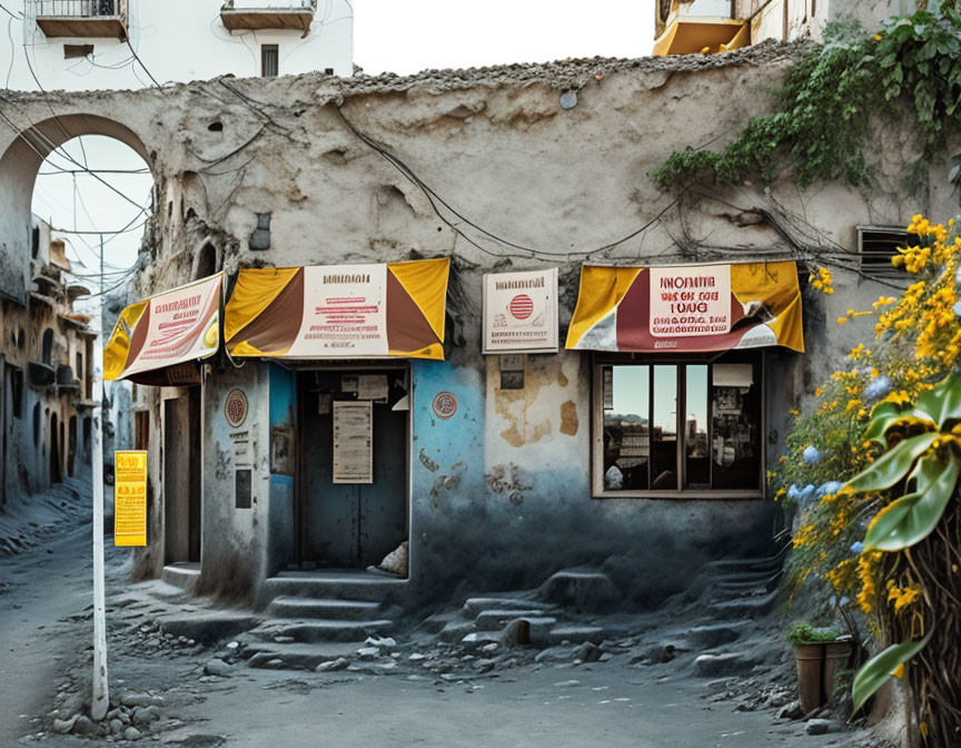 Weathered Walls and Yellow Awnings on Old Street Corner