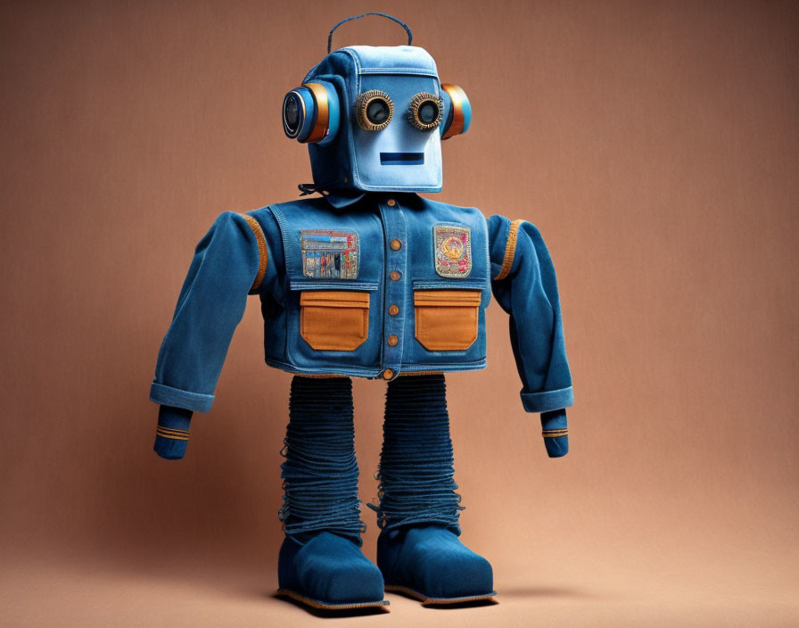 Whimsical robot in blue denim outfit on brown background