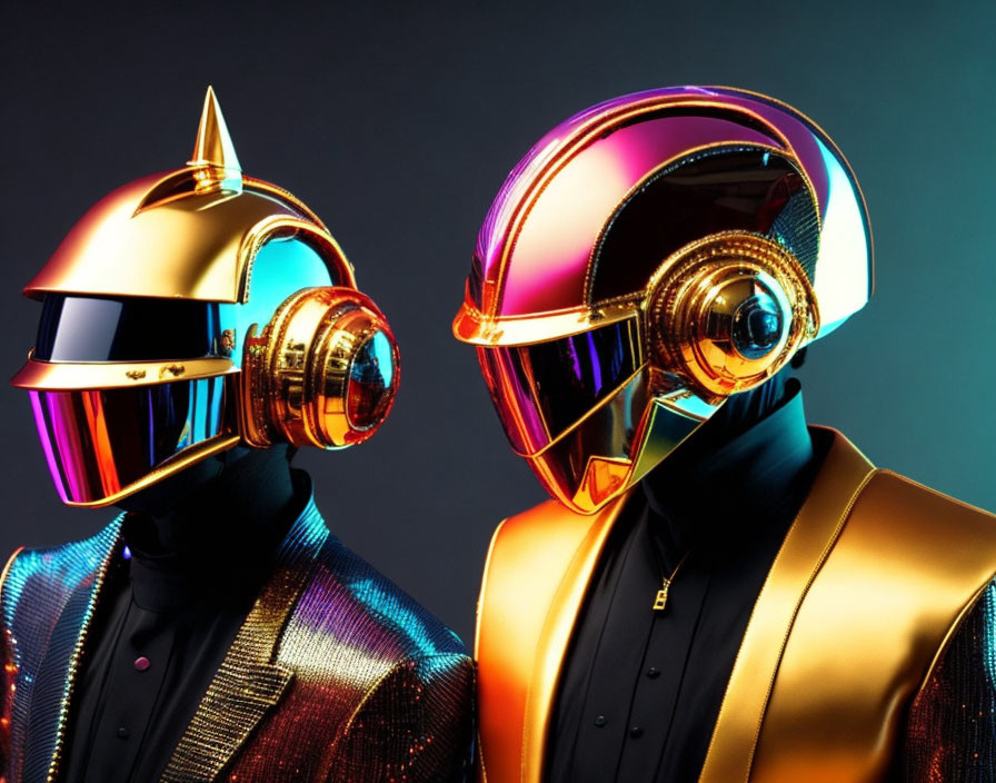 Futuristic individuals in metallic helmets and suits on dark background