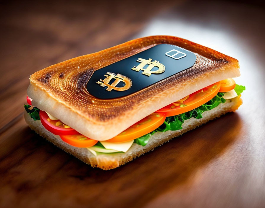 Cheese, Lettuce, Tomato Sandwich with Bitcoin Logo on Smartphone