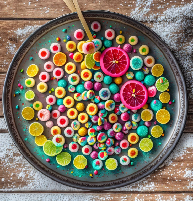 Vibrant assortment of candies and fruit on wooden surface